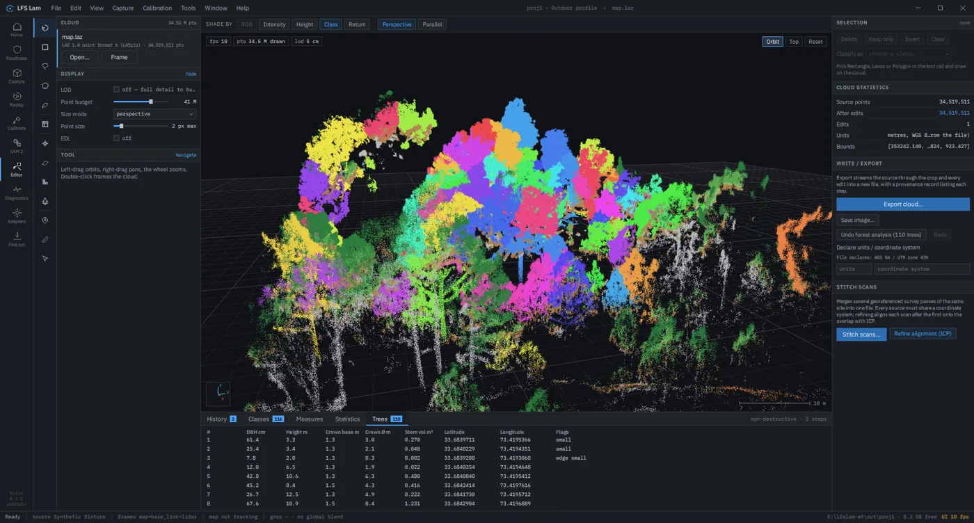 Luna Capture point-cloud editor displaying a classified forest scan and tree inventory table