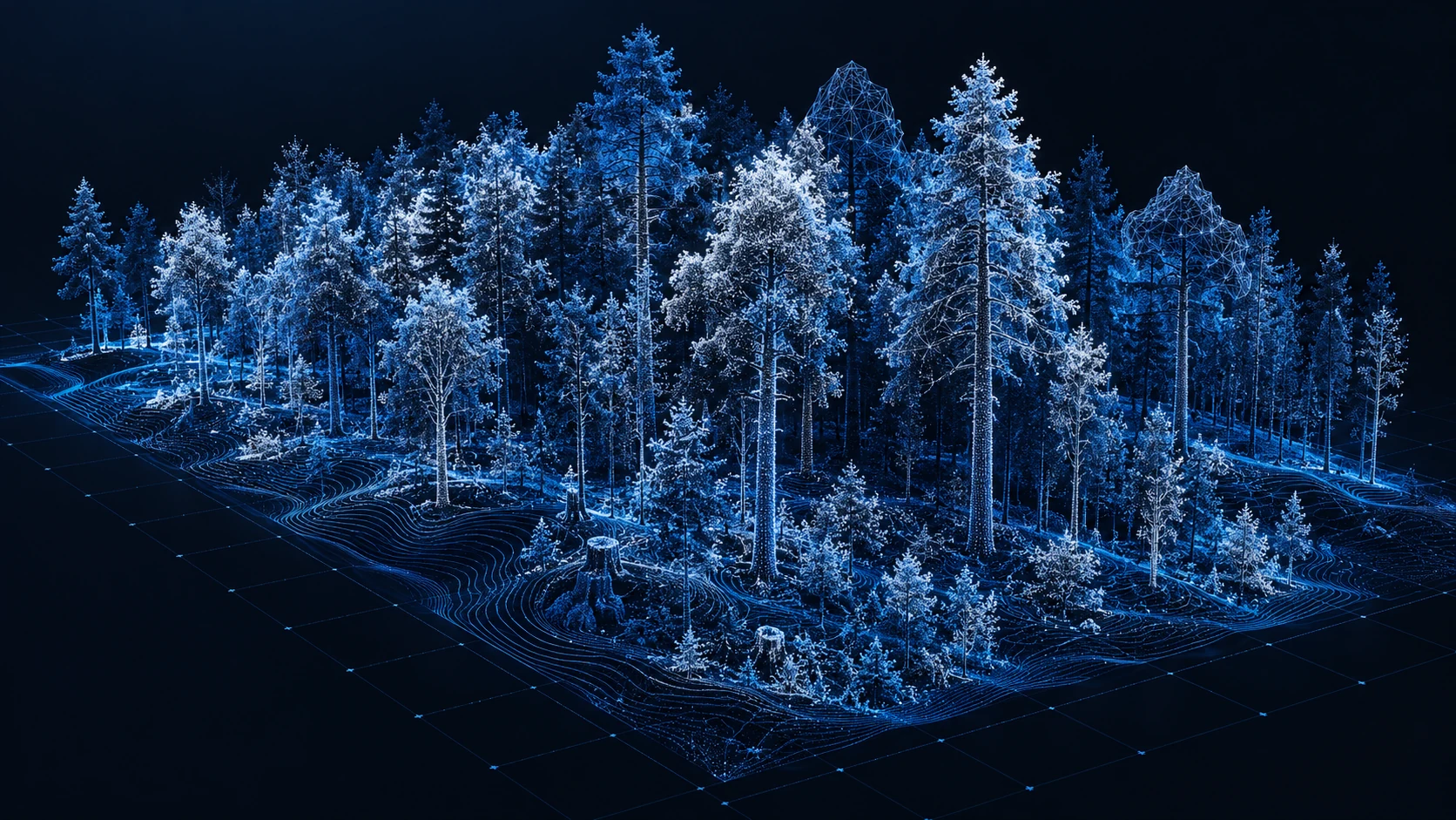 Conceptual 3D visualization of a forest plot as a LiDAR point cloud with terrain contours and wireframe trees